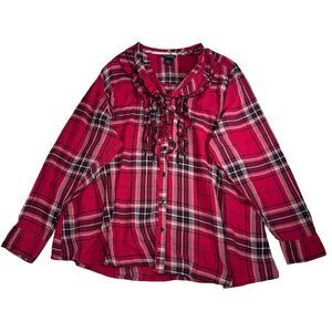 Lane Bryant Women's Long Sleeve Button Up Plaid Top Size 22/24 Ruffle Chest Red